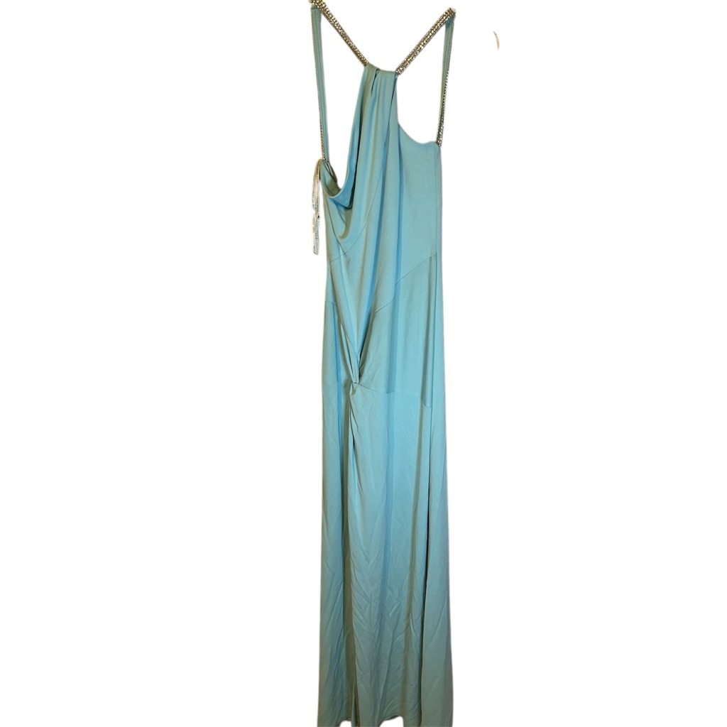 Nwt Nicole Bakti Blue Halter Gown With Rhinestone Straps, L